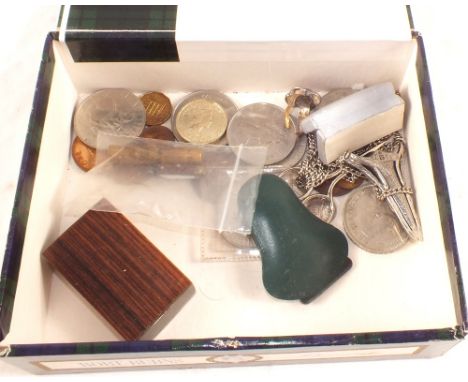 A miniature penknife, Brass propelling pencil, a harmonica and coins etc