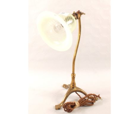 A Brass tripod base table lamp by Benson with vaseline glass shade