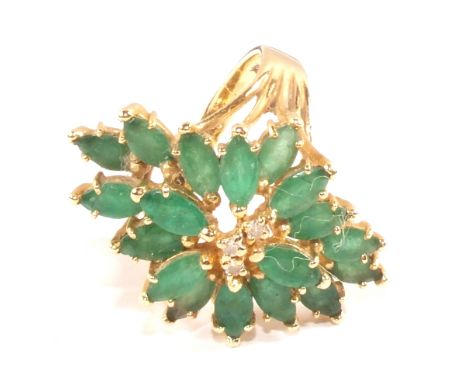 A 14ct Gold ring set with Emerald and Diamonds, stamped 14K, size R