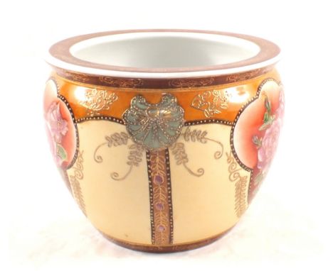 A modern Chinese rose decorated jardiniere plus a Tretchikov print