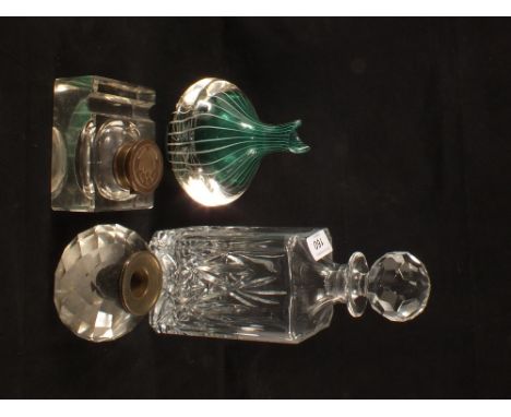 Two cut glass inkwells, art glass vase and a decanter etc