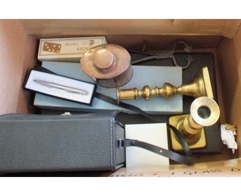 Victorian Brass candlesticks, Copper tea caddy, cutlery etc plus a few coins