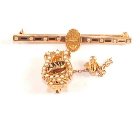 A Gold Seed Pearl set brooch in the form of a harp with black enamelling to front, inscribed AXΩ and inscribed N.Wood 48 on b