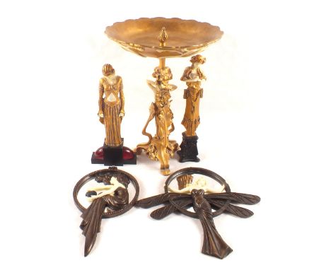 Five Art Deco style figurines, mirrors and a comport