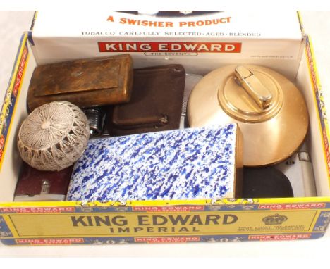 A white metal filigree box, snuff box and cigarette lighters, etc