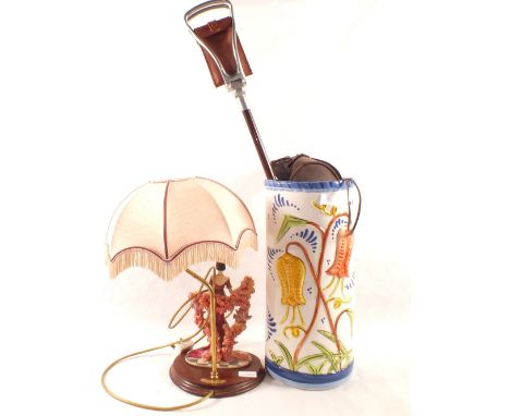 Two table lamps, a Backgammon set plus a stick stand and contents