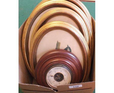 Four bird prints and a barometer