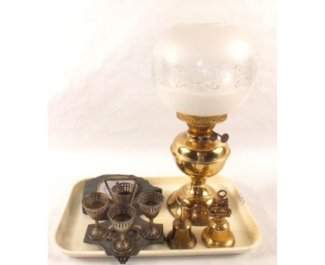 Four Knight companion sets and a Brass oil lamp etc