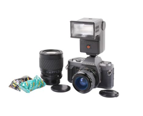 A Pentax P30T 35mm SLR camera outfit. Grey. Serial Number 5319807. With two lenses; a Pentax-A Zoom 35-70mm f3.5-4.5, and a S
