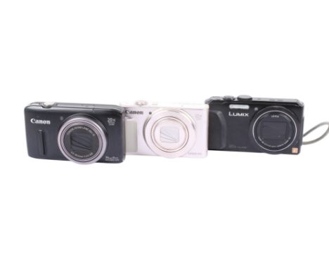 Three compact digital cameras. To include a Panasonic Lumix DMC-TZ40, and a Canon PowerShot SX240 HS, both with batteries but