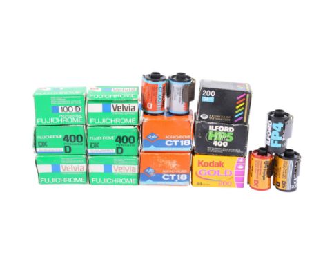 An assortment of expired 35mm film stock. Mostly slide film. Including Fujichrome, Velvia, Agfachrome, Kodak Gold, Ilford HP5