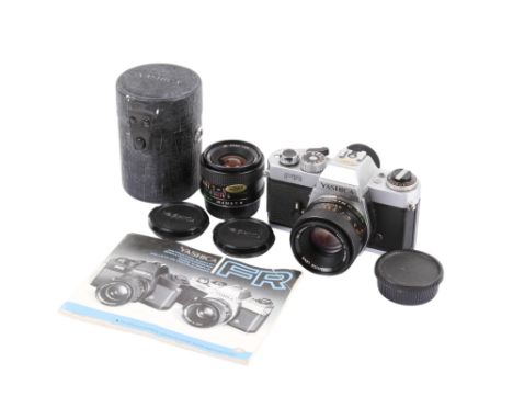 A Yashica FR 35mm SLR camera outfit. Chrome. Serial number 60800980. With two lenses; a Yashica 35mm f2.8, and a Yashica 50mm