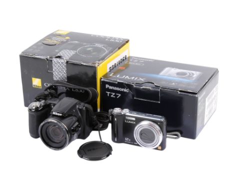 Two Digital cameras. To include a Nikon Coolpix L830, powers on, displays message 'Lens Error', and a Panasonic Lumix DMC-TZ7