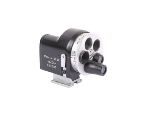 A shoe-mount KMZ Turet Viewfinder. Serial number 307097. With 2.8cm, 3.5cm, 5cm, 8.5cm, and 13.5cm focal lengths. With hardca