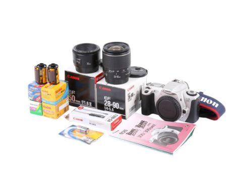 A Canon EOS 300 35mm SLR camera outfit. With two lenses; a Canon EF 28-90mm f4-5.6 and a Canon EF 50mm f1.8 II, a remote shut