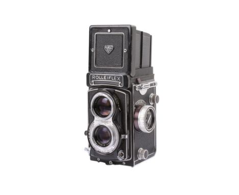 A Rolleiflex T Model 1 6 x 6 Medium Format TLR camera. Serial number 2103101. With a Carl Zeiss 75mm f3.5 Tessar taking lens.