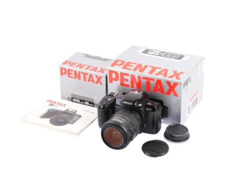 A Pentax Z-10 35mm SLR camera. Black. Serial number 5700416. With a Pentax-FA 28-80mm f3.5-4.7 lens, makers boxes, caps and i