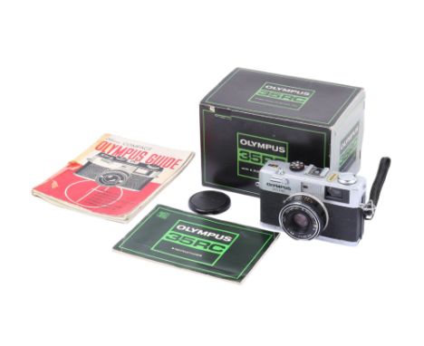 An Olympus 35 RC 35mm Rangefinder camera. Chrome. Serial number 483926. With an Olympus 42mm f2.8 E.Zuiko lens. Together with