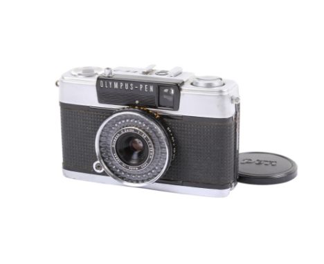 An Olympus Pen EE-2 35mm half-frame Viewfinder camera. Chrome. Serial number 4187177. With an Olympus 28mm f3.5 D.Zuiko lens,
