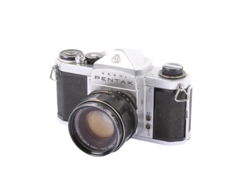 An Asahi Pentax S3 35mm SLR camera. Chrome. Serial number 434374. With an Asahi 55mm f2 Super-Takumar lens and ERC. Shutter w