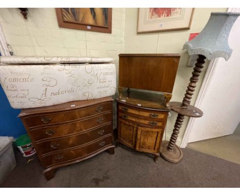 Mahogany four drawer serpentine front chest, walnut two drawer bow front cabinet, twist column standard lamp, mahogany box an