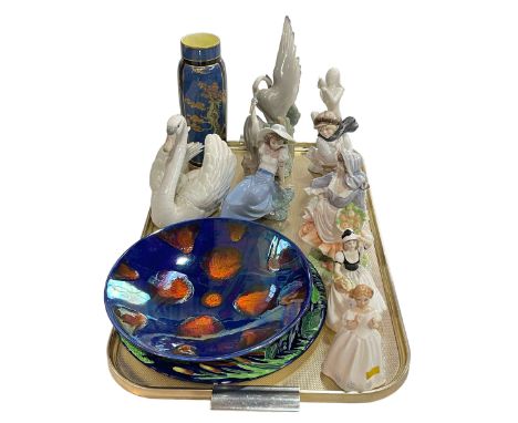 Royal Doulton Chinoiserie vase, Lladro and Nao, Worcester, Coalport and Doulton figures, Poole dish and Maling plaque.