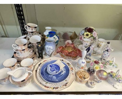 Collection of decorative porcelain including Royal Copenhagen, Royal Worcester, paperweights, teawares, etc.