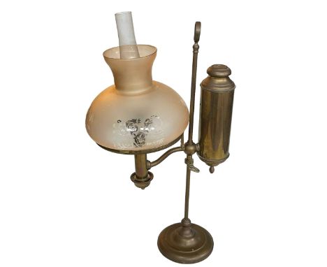 Vintage brass student oil lamp with etched glass shade, 54cm.