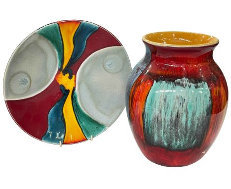 Poole Pottery abstract vase, 24.5cm and a dish (2).