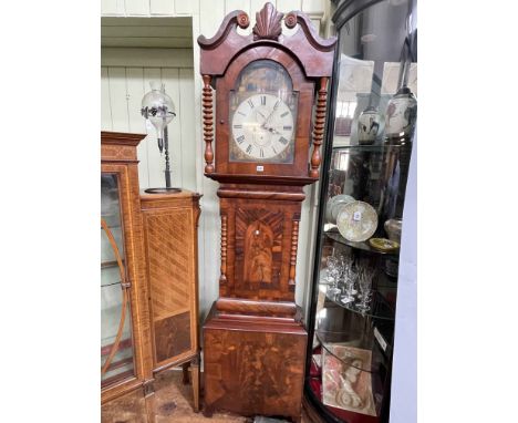 Antique mahogany cased eight day longcase clock having painted arched dial, 225cm.