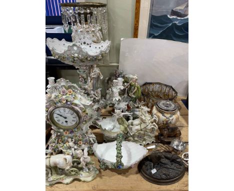 Collection of Continental Cupid and figural porcelain including oil lamp and clock, vintage drop ceiling light, biscuit jar, 