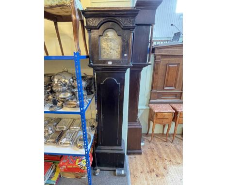 Antique stained wood 30 hour longcase clock having brass arched dial signed Noble, Peterborough, 196cm.