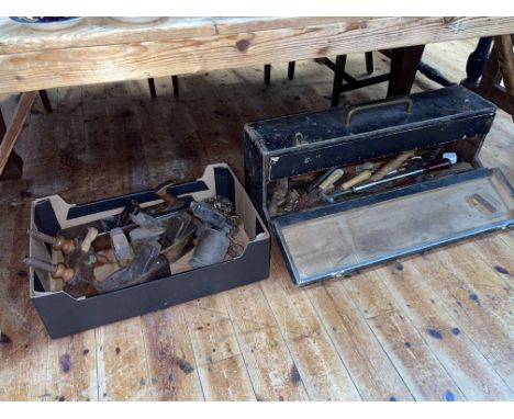 Collection of wood planes, vintage tools, tool box, etc.