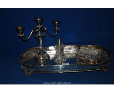 A large oval Sheffield plate Galleried Tray, marked to base silver plate on copper, approx 20'' x 9", silver plated candle ho