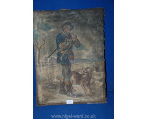 An unframed Oil on canvas depicting a Woodman with an axe under his arm, smoking a pipe, and a dog by his side ,15 1/4" x 21"