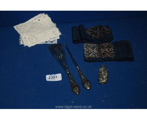 A Silver Nurses Belt Clasp, an Epns Clasp, a Silver handled Shoe Horn and Button Hook, etc