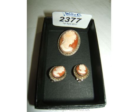 An 800 silver Cameo Set comprising Brooch and Earrings with marcasite setting