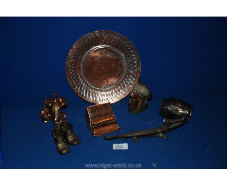 A quantity of Copper and metal items including cigarette dispenser, plate, Ronson dog lighter (as found), Red Indian money bo