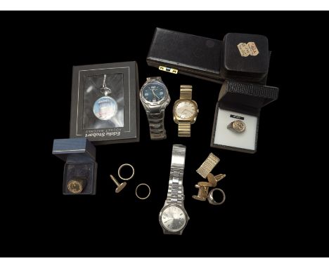 9ct gold wedding band, silver St Christopher ring, wristwatches including Rotary and Sekonda and costume jewelleryCondition R