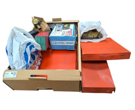 Hornby 'O' gauge 42380 No.2 Turntable, 43063 Points and 42320 No. 1 Level Crossing, all boxed, together with two tin plate pa