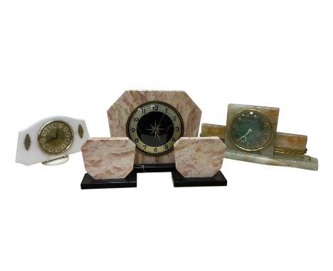 8-day Art Deco style German mantle clock and garniture, and two further 8-day mantle clocks