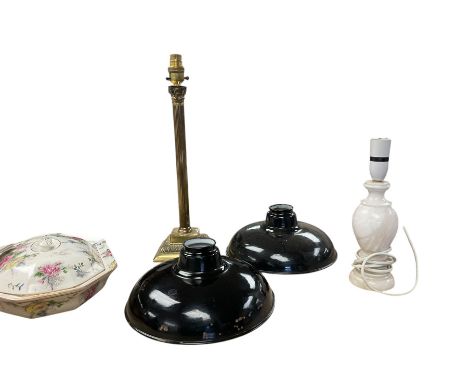 Corinthian column table lamp base, together with another lamp and two metal lamp shades, column H45cm