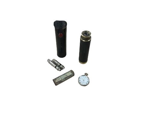 Four draw brass telescope in leather case, together with ARP whistle by Hudson, The Acme Scout Master whistle, pocket watch a