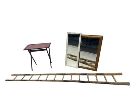 Mid-20th century folding bamboo side table (H63cm); bamboo ladder (H280cm); pair of rectangular mirrors, one in white ornate 