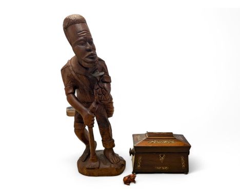 Victorian sarcophagus tea caddy, inlaid with mother of pearl, carved wooden netsuke in the form of a pig, and a carved wooden