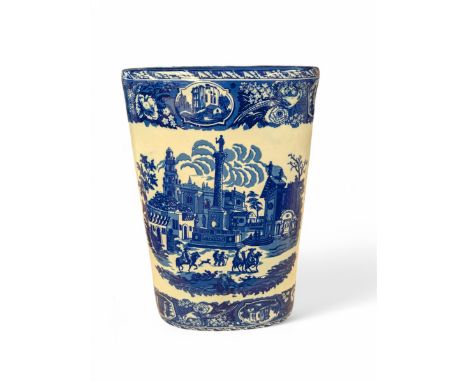 Blue and white ceramic stick stand, decorated with transfer printed cityscape, H44cm