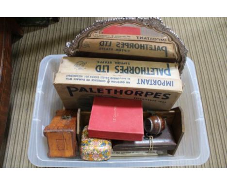A PLASTIC CRATE CONTAINING A SELECTION OF USEFUL DOMESTIC ITEMS to include; large Chippendale design silver&nbsp;plate&nbsp;f