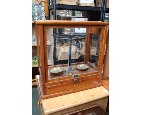 A WOODEN CASED PART GLAZED SET OF CHEMICAL BALANCE SCALES 