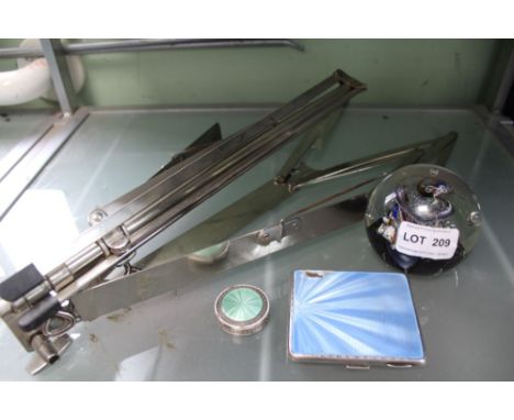 A FOLDING CHROME MUSIC STAND together with a glass paperweight, and two pieces of enamelled hallmarked silver 