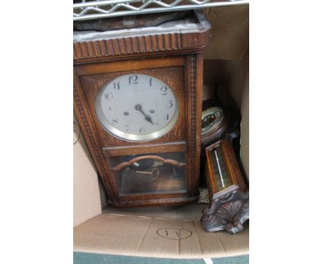 A BOX CONTAINING A DECORATIVELY PAINTED PAIR OF WOODEN BELLOWS, a banjo barometer thermometer, and a Viennese type hanging ti